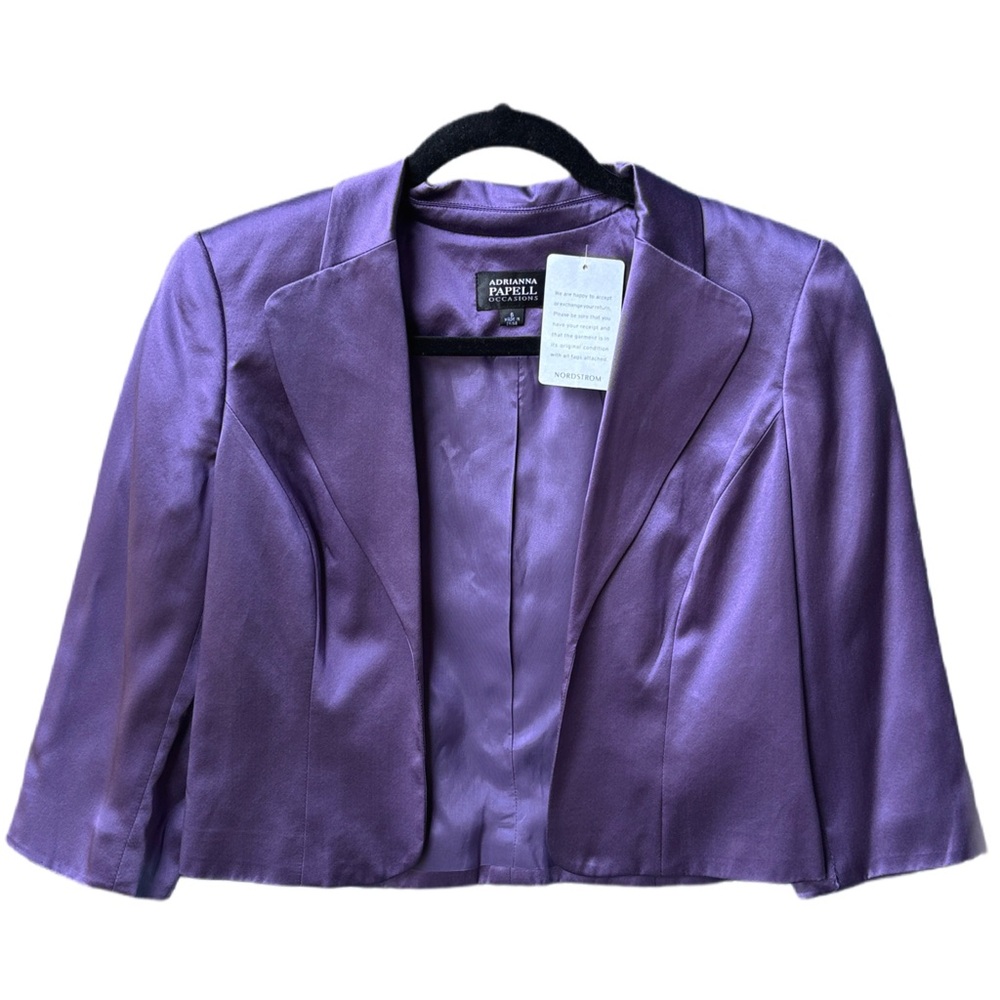 Adrianna Papell Silk purple Cropped Evening Shrug Jacket Blazer Notched Lapel 6